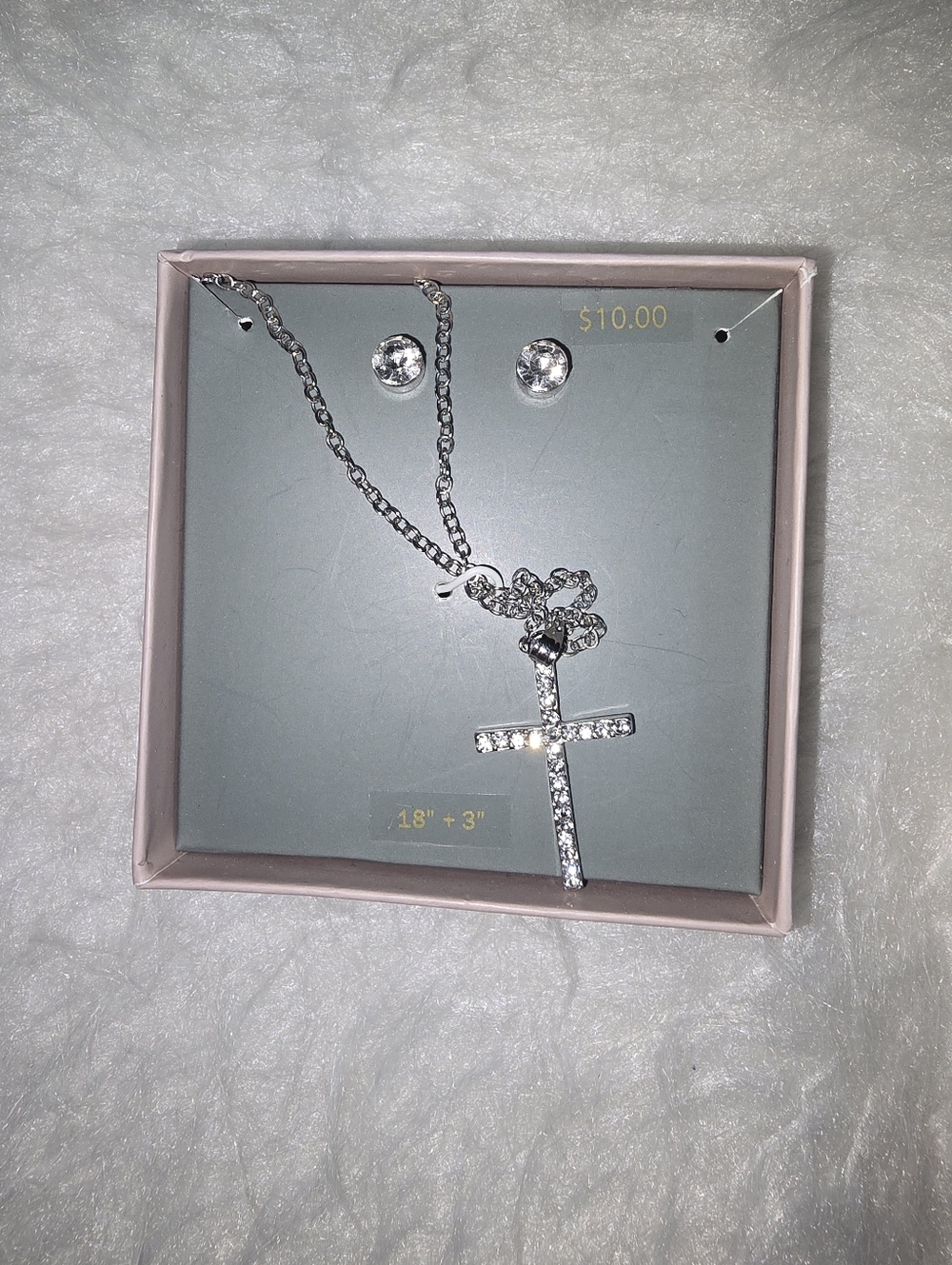 NEW Silver Studded Cross Necklace And Earrings In Box